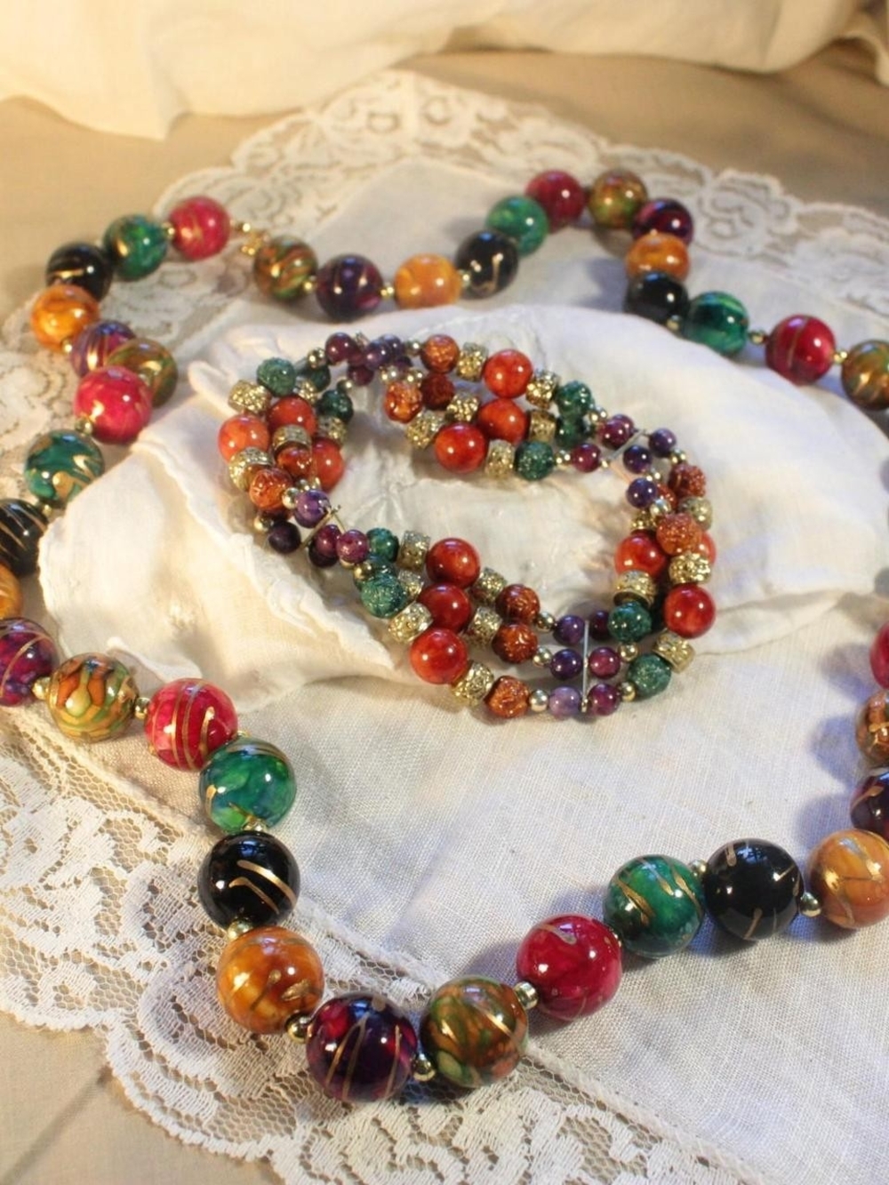 Multicolor Beaded Statement Necklace and Bracelet Bundle